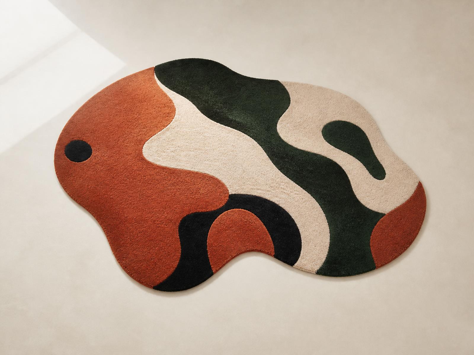 Tapete personalizado de tufting con formas orgánicas en terracota y verde hecho a mano en Colombia por Max Tufting