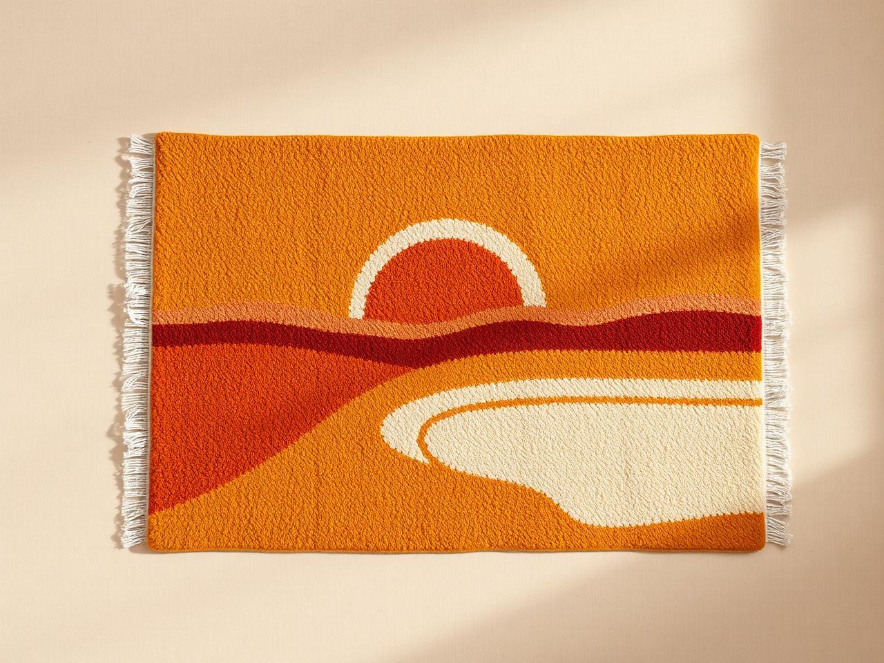 Tapete artesanal de tufting representando un atardecer en tonos naranja y crema fabricado en Colombia