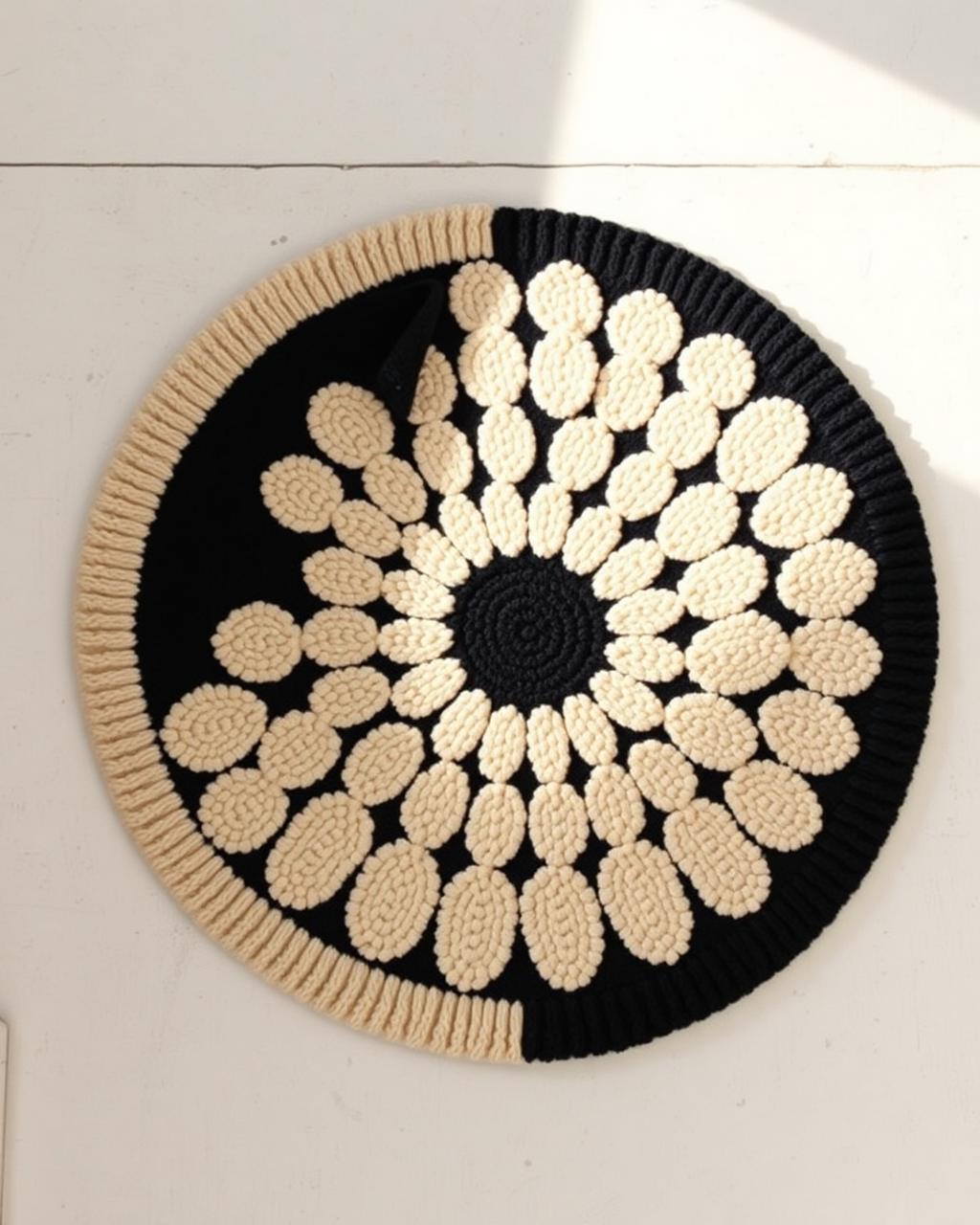 Tapete redondo de tufting con diseño floral de margarita en blanco y negro hecho a mano en Bogotá